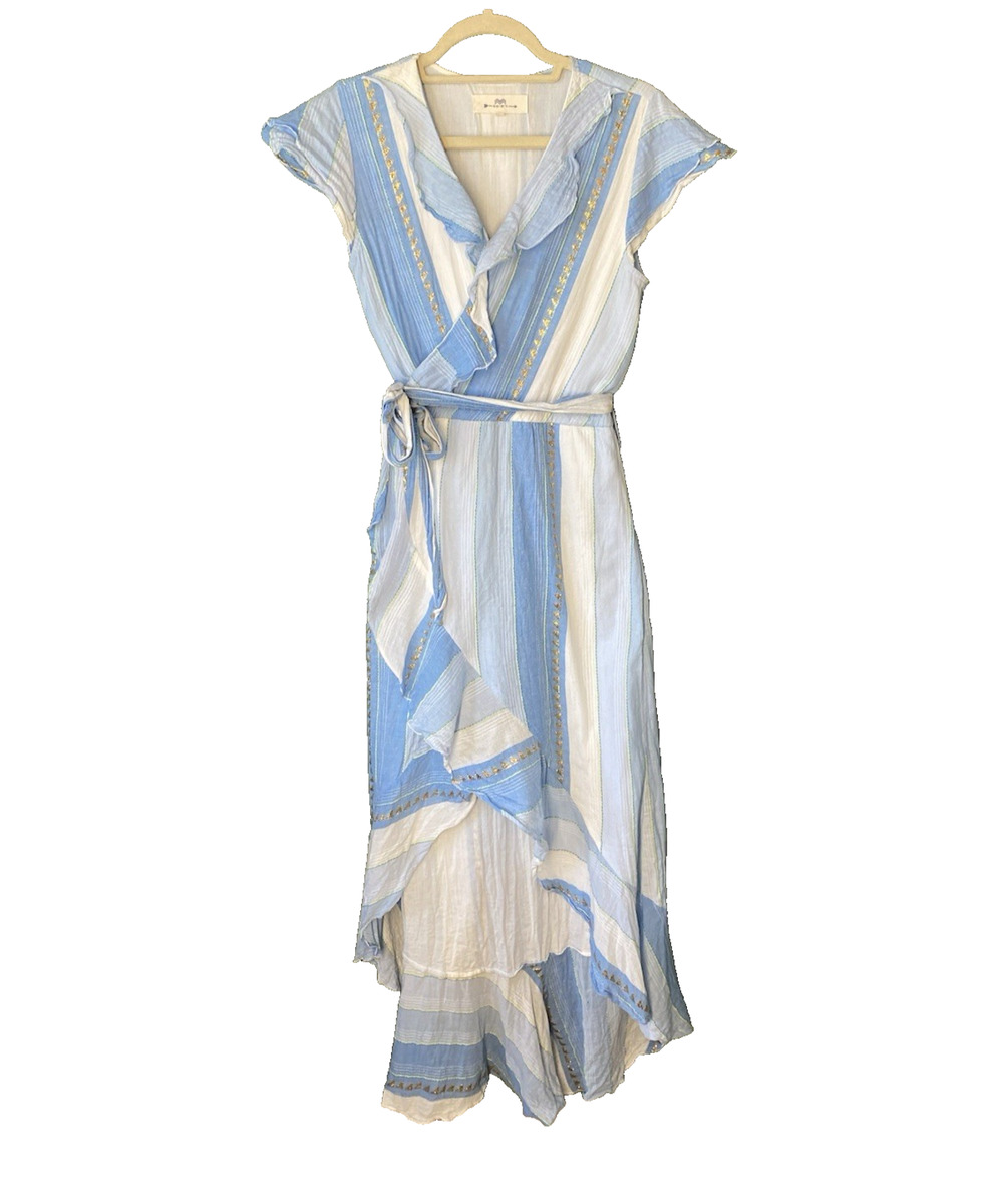 NIBI MTK Dress Womens Medium Cotton Blue Coastal Resort Vacation Ruffles Maxi
